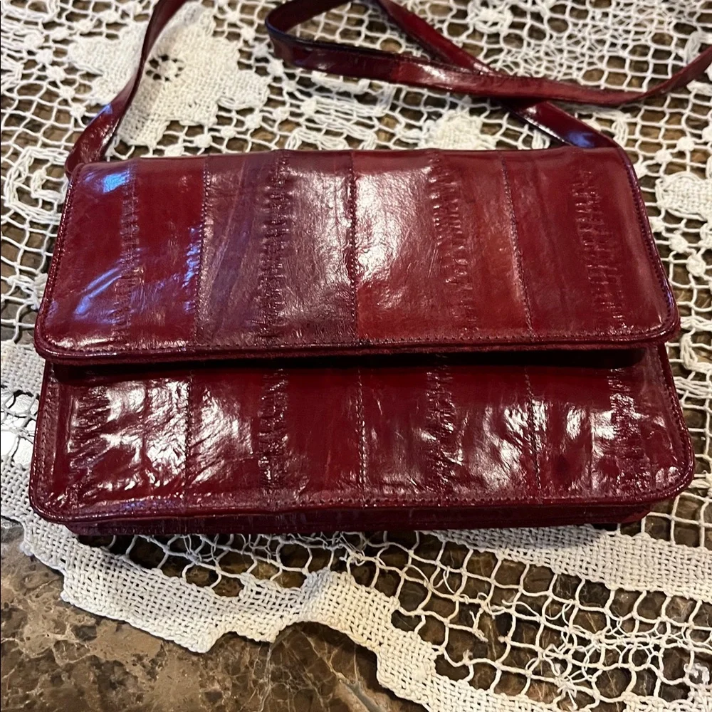 VTG Genuine Eel Skin SM Bordeaux Purse Convertible Crossbody Clutch Shoulder Bag